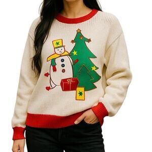 Vintage Snowman & Christmas Tree Ugly Sweater White Red Trim